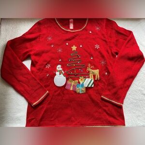 Women’s Red Embroidered Holiday Crewneck Sweater